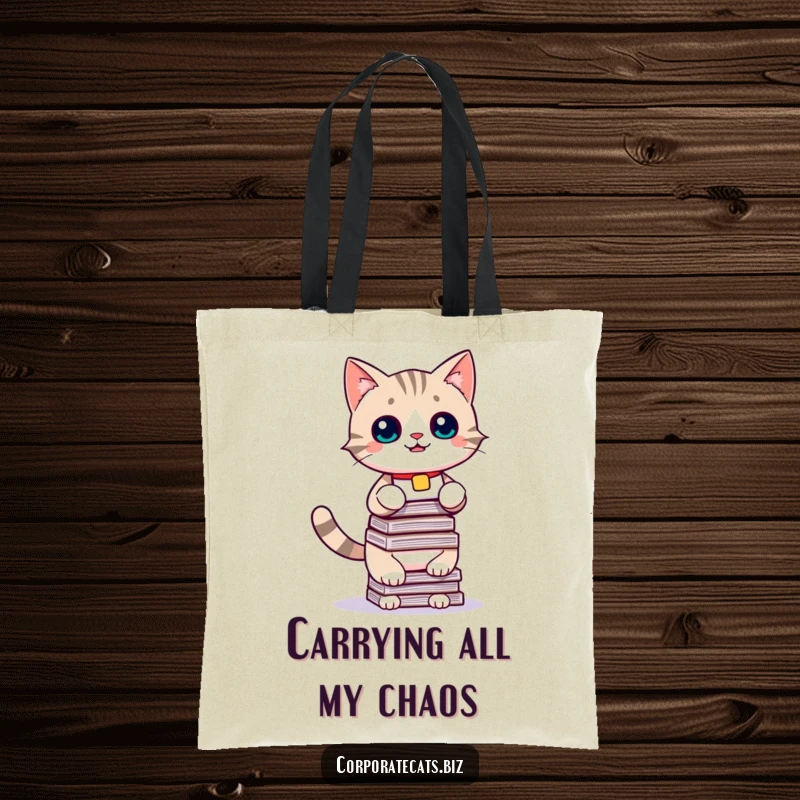 Funny tote bag, a playful cat with a name tag precariously balancing a large stack of documents, perfect for carrying daily items humorously.