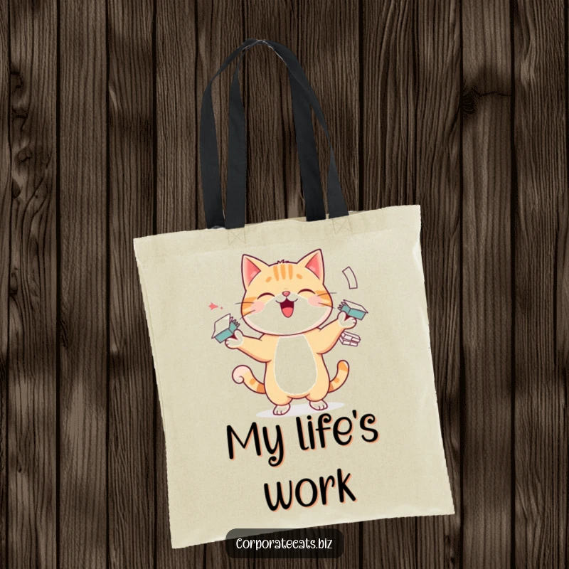 Funny tote bag featuring a cheerful cat juggling multiple paper stacks, highlighting a busy and humorous lifestyle perfect for shoppers.