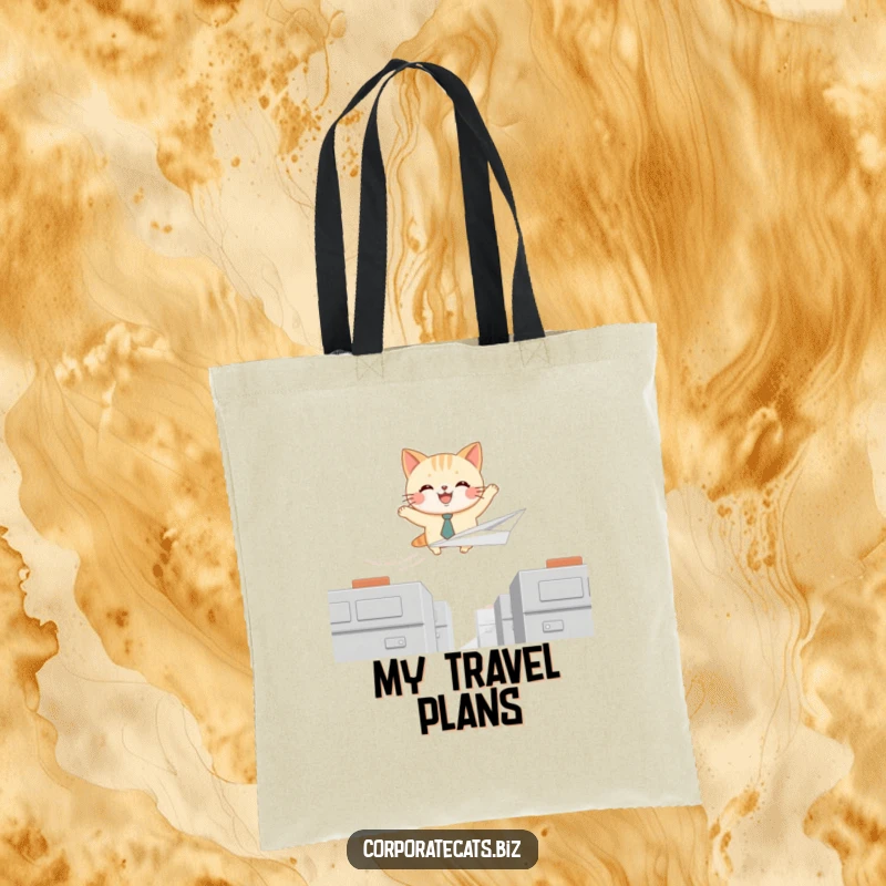 Funny tote bag featuring a joyful cat in a tiny tie, soaring on a paper airplane, great for carrying essentials with a sense of adventure.