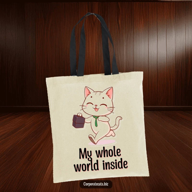 Funny cat holding a briefcase, running with a smile, designed on a practical and funny tote bag.